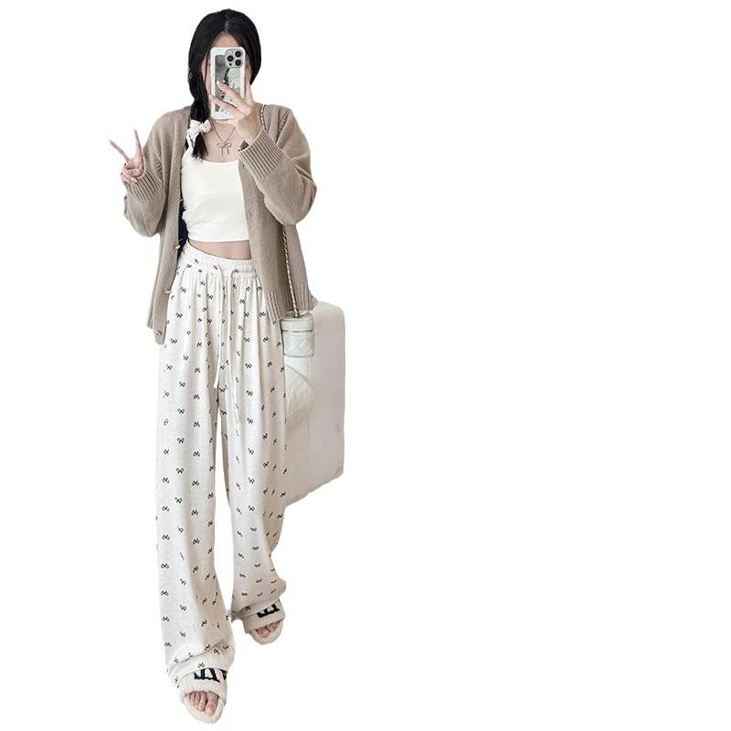 2024 Women's High-Waist Wide Leg Pants: Bow Detail, Soft Glutinous Fabric, Slimming, Casual, Petite Fit for Spring & Autumn