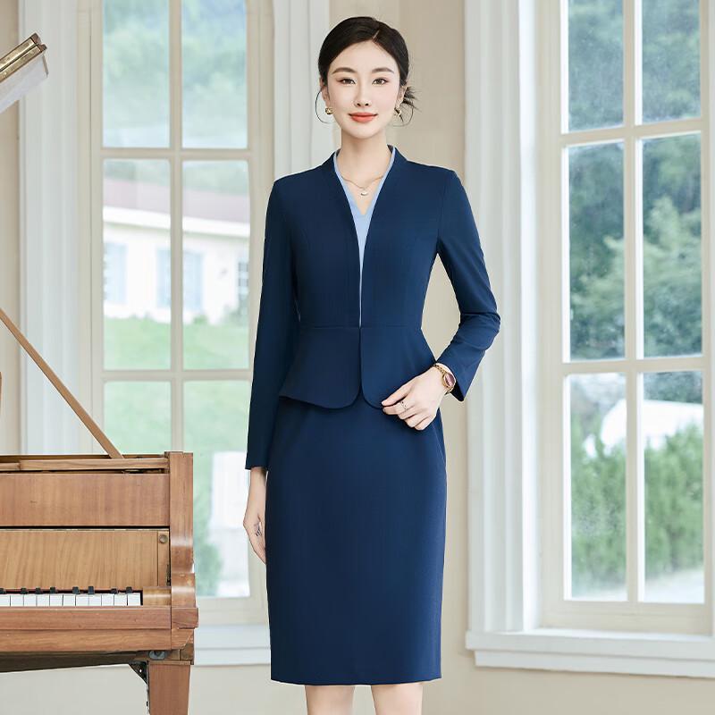 Tluoman Women's Navy Blue Professional Faux Two-Piece Suit Dress