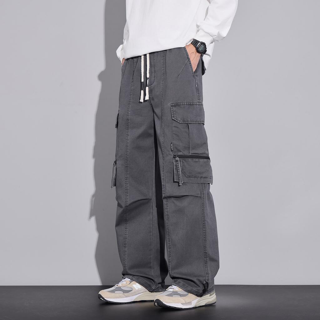 American retro trendy brand pure cotton tooling casual pants men's trend loose wide legs drape elastic waist long pants men