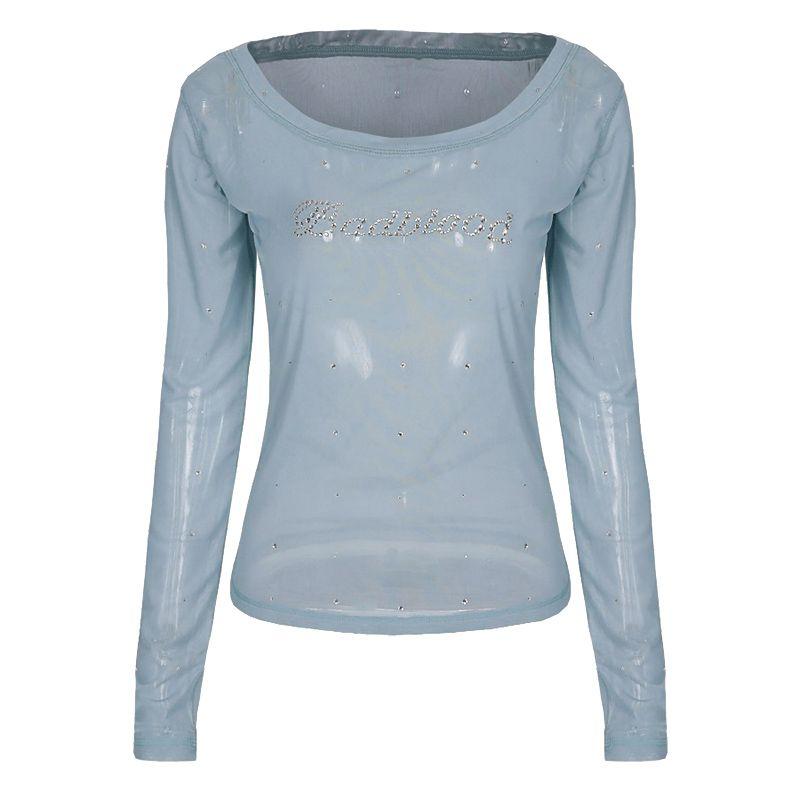 Badblood American Sexy Hot Drilling Mesh T-shirt Female Sheer Long Sleeve Sexy off-the-Shoulder Casual Niche Top