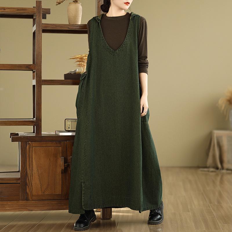 Women's Oversized Denim Vest Dress V-Neck Hooded Loose Fit Spring Summer Casual Mid-Length Dress with Pockets