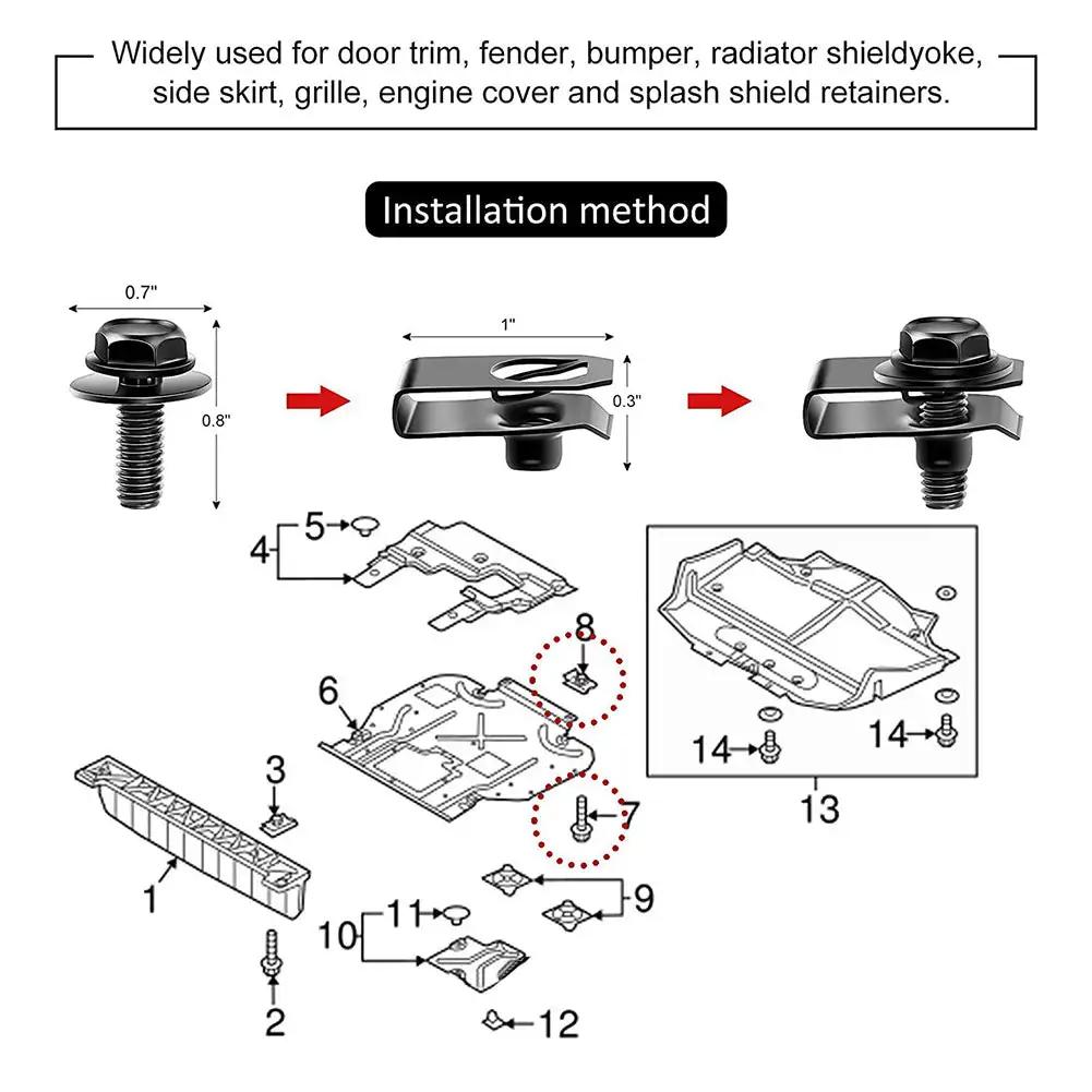 Car Body Bolts & U-nut Clips M6 Engine Cover Undertray Splash Shield Guard Bumper Fender Liner Retainer Fastener Rivet Screws