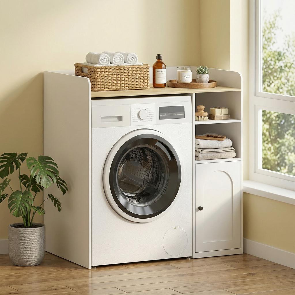 Washing Machine Cabinet Bathroom Cabinet 93.5 x 60 x 100 cm White and Natural