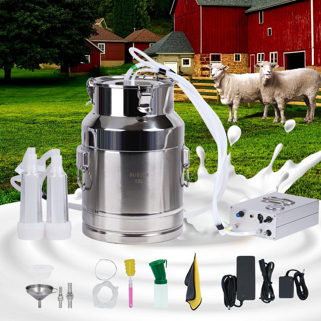 15L Electric Goat Milking Machine 220V Cattle Pulsating Milking Machine Stainless Steel Milker Bucket Vacuum Pump