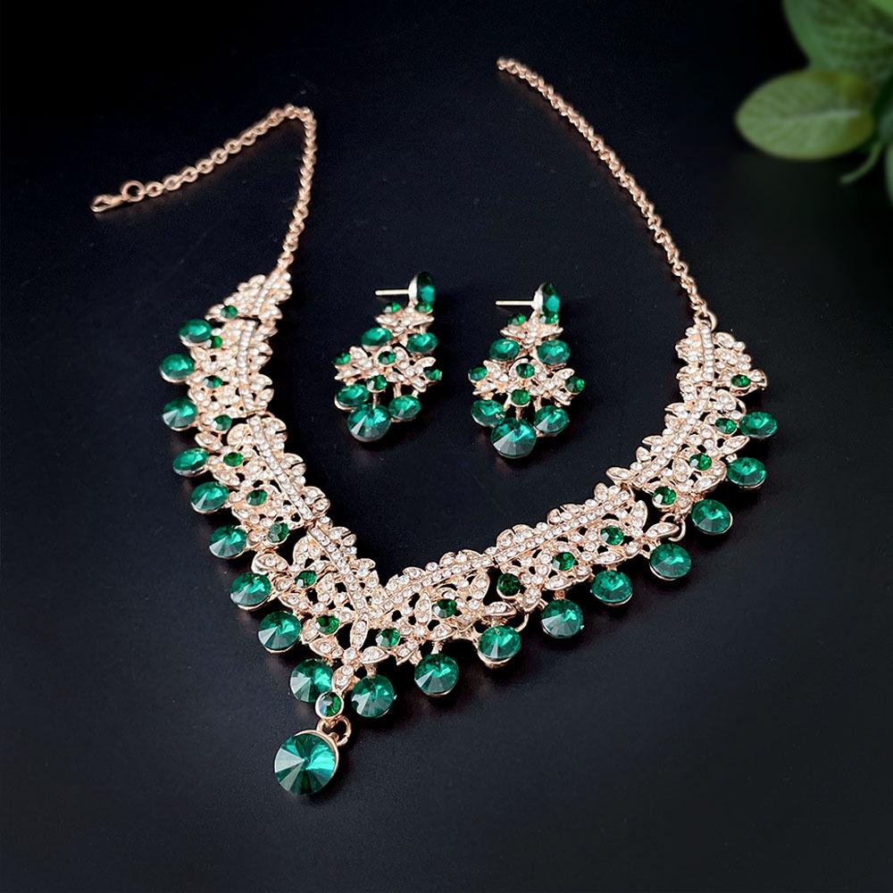 Exquisite Colored Rhinestone Necklace Earrings Set Party Dress Accessories Necklace