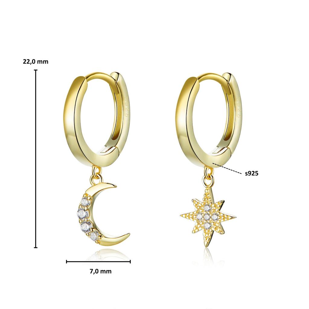 Star and Moon Gold Plated Silver Hoop Earrings 925 Silver