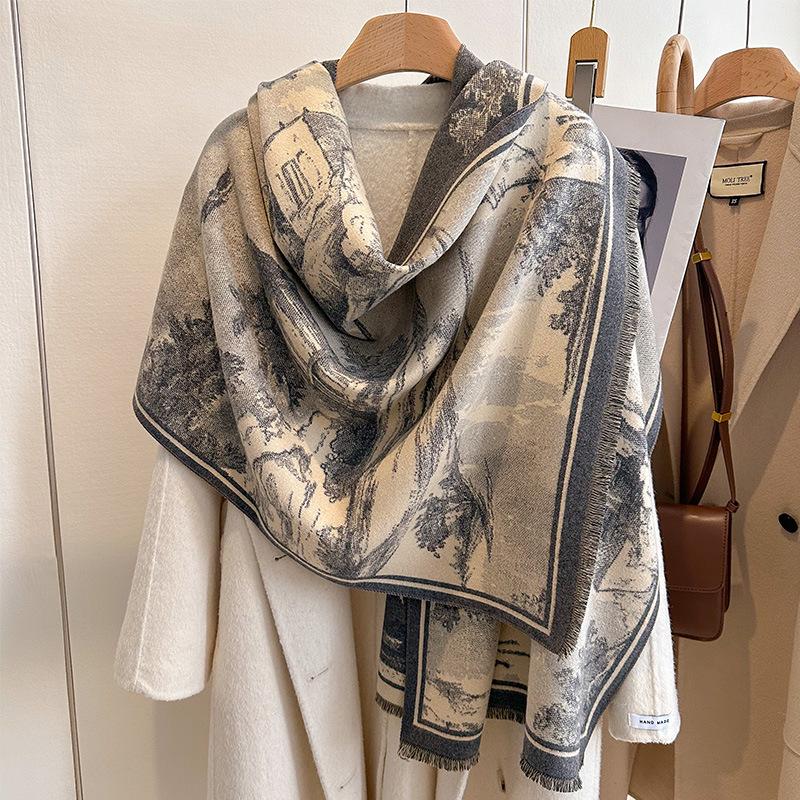 European Retro Oil Painting Landscape Painting Elegant Fashion High Sense Women Imitation Cashmere Warm Scarf