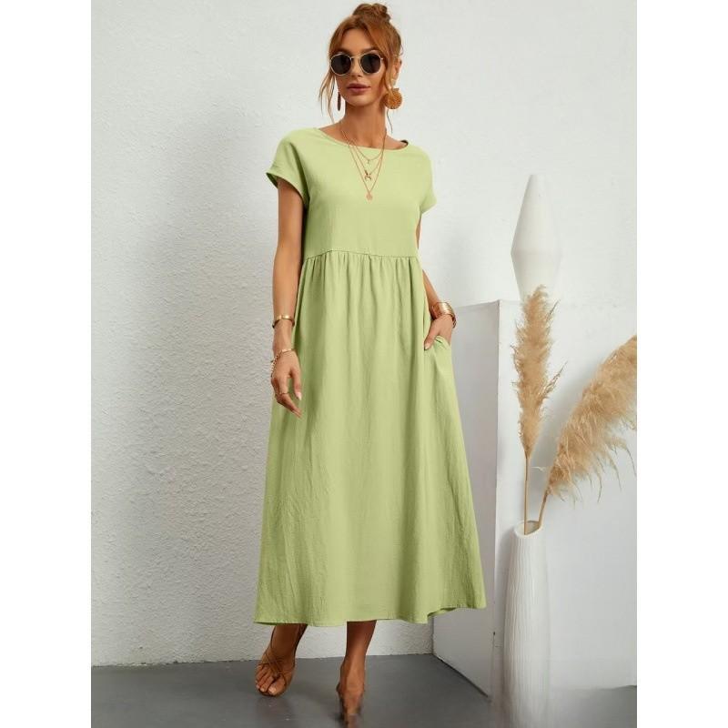 Minimalistisches Baumwoll-Leinen-Kleid mit Taschen für den Frühling, Freizeitkleidung