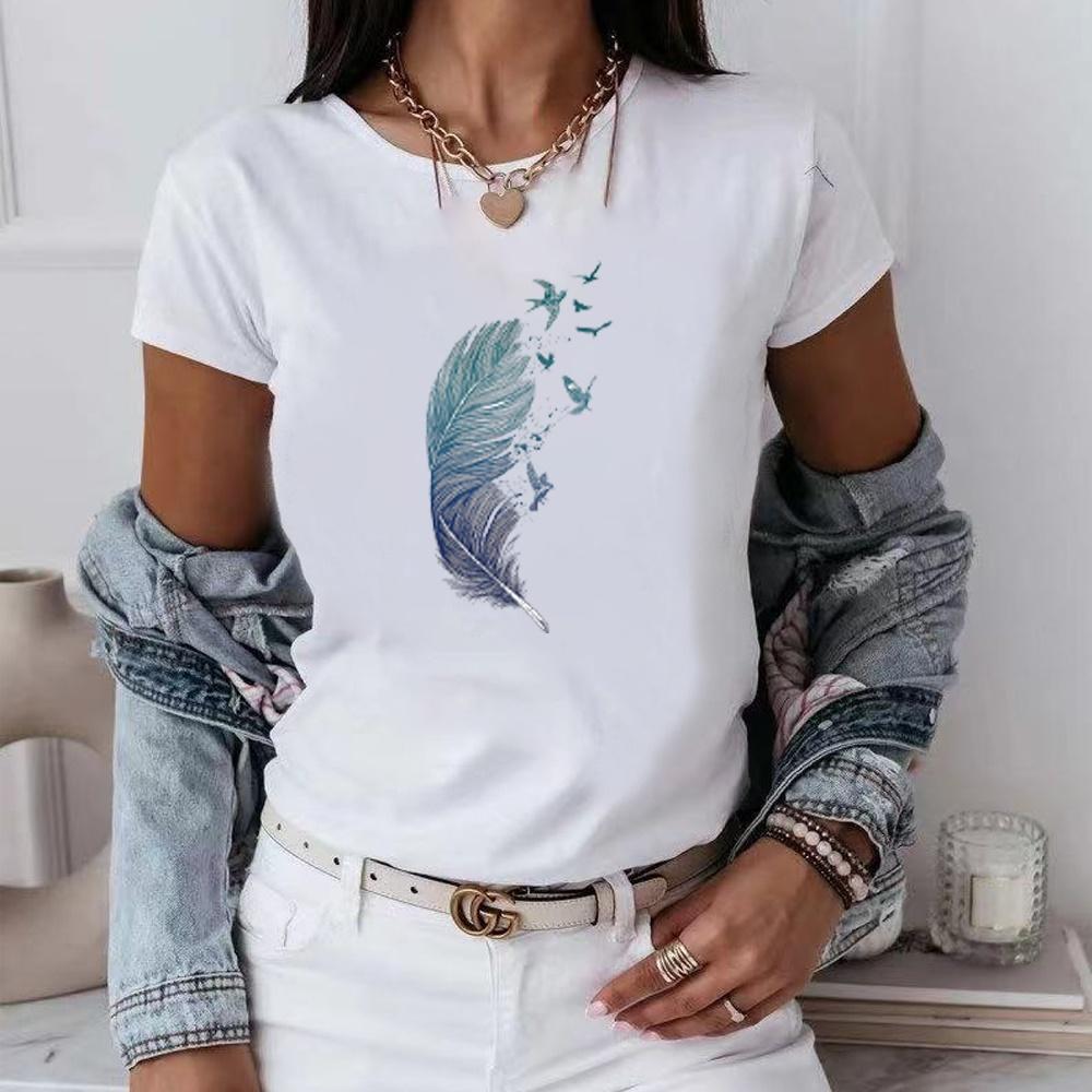 Lässiges lockeres Street-Outfit Sommer 3D-T-Shirt neues Federdruck Kurzarm-Oberteil Damen-T-Shirt Rundhals-Pullover O-Ausschnitt