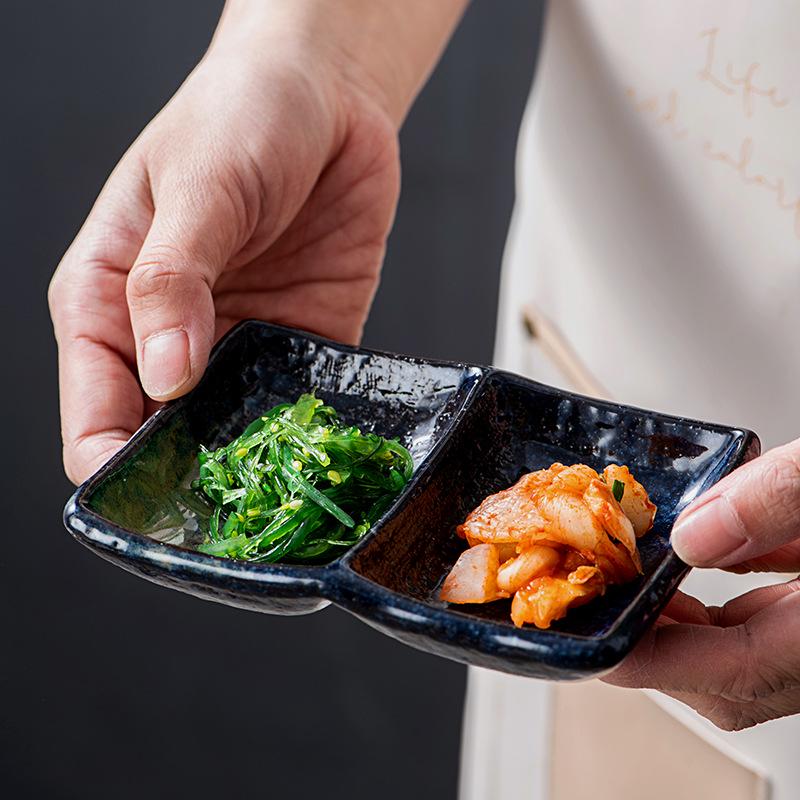 Japanese Ceramic Double-Compartment Dish for Dipping Sauces and Seasonings