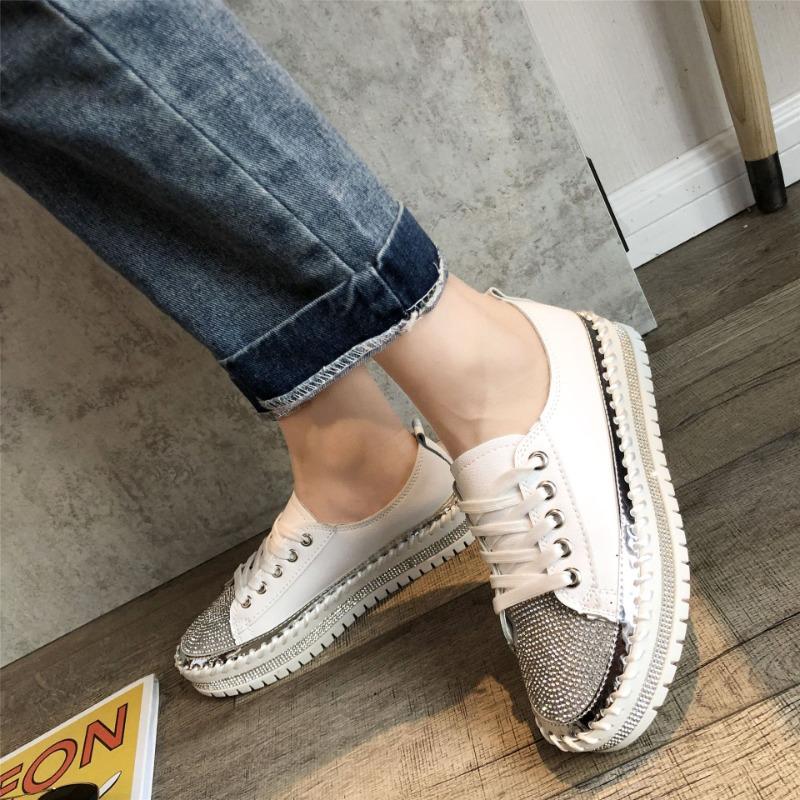 Fashion Plus Size 44 Women's Platform Sneakers Crystal-edged Thick-soled Small White Shoes Comfortable Versatile Lace-up Vulcanized Shoe