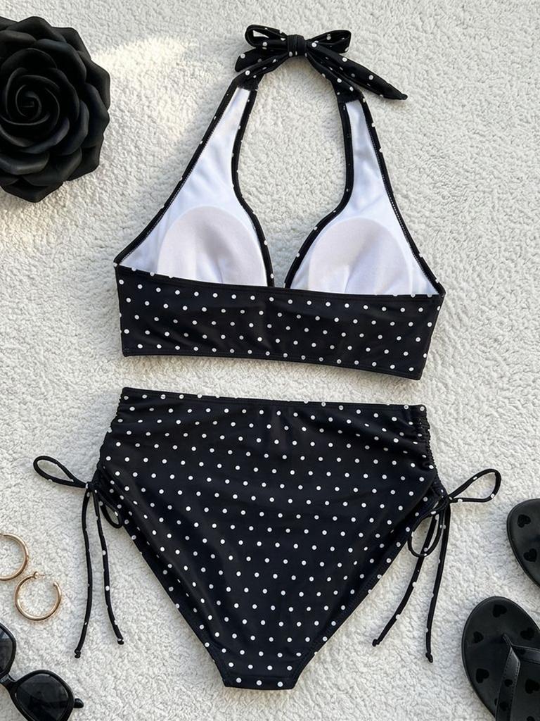 Costume da Bagno a Pois con Scollo all'Americana e Coulisse Sexy Set Bikini Due Pezzi