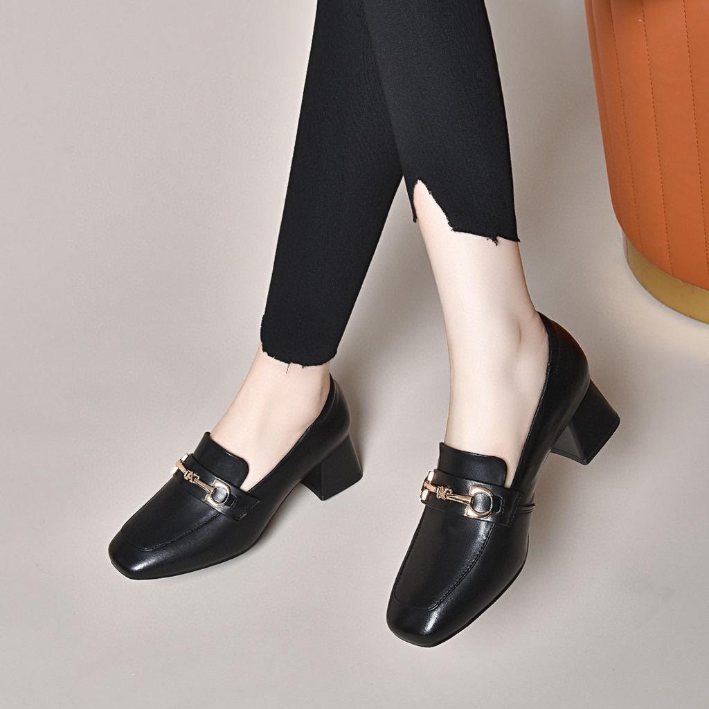 Square Head Shallow Mouth Single Shoes Women's 2025 Spring and Autumn New British Style Metal Buckle Small Leather Shoes Two High Women's Loafers
