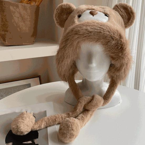 Women Hat Solid Color Thickened Plush Bear Warm Hat