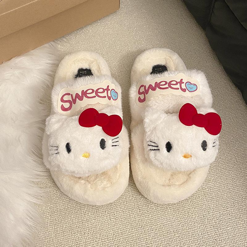 Apple green Kitty cat fluffy slippers girl autumn and winter lazy person wearing versatile thick-soled cotton slippers