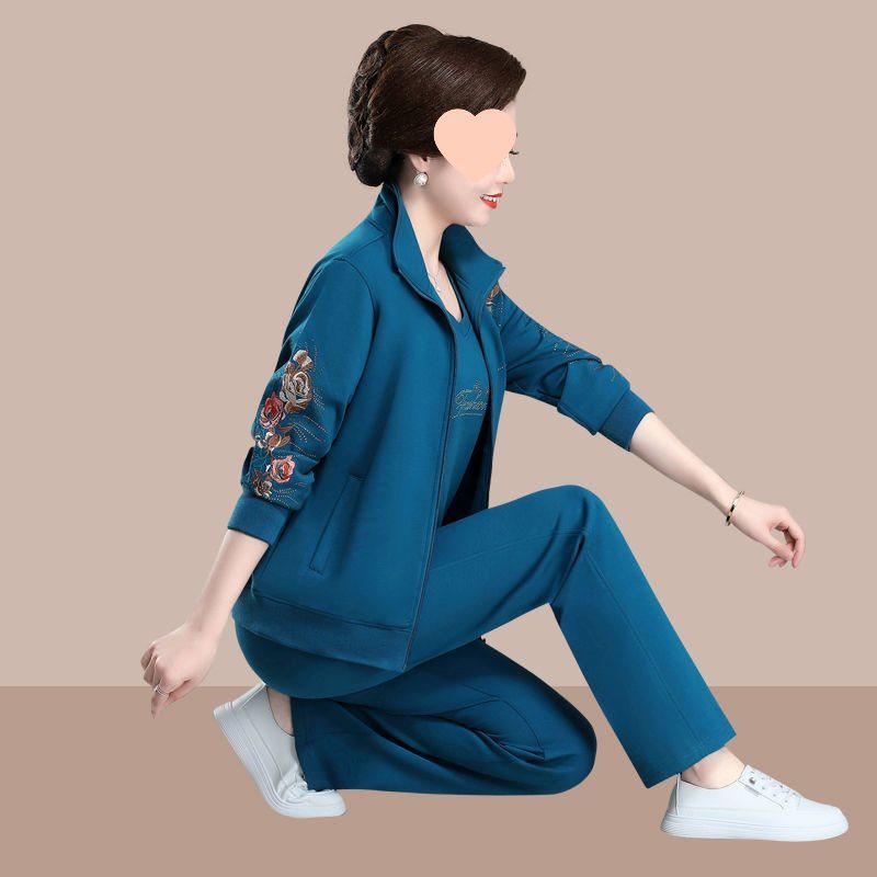 

Осенний повседневный спортивный костюм для женщин среднего и пожилого возраста, больших размеров, тройка: Свободный топ и куртка. 4XL (145-160 jin) павлин голубой