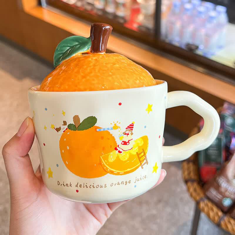 Cute Ceramic Orange Mug with Lid and Spoon