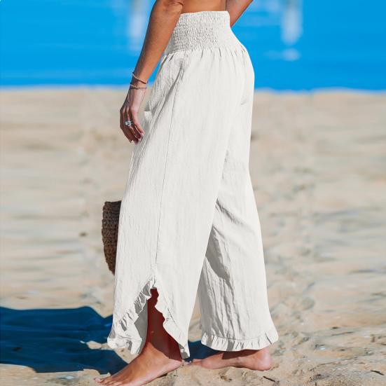 Women Casual Pants Pleated Elastic High Waist Wide Leg Long Trousers with Pockets Ruffle