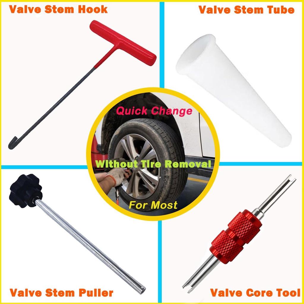 Valve Stem & Core Removal Replacement Tool Kit,Tire Valve Stem Tallation Tool Without Tire Removal, 2-In-1 Valve Stem Caps & Core Wrench,With 5