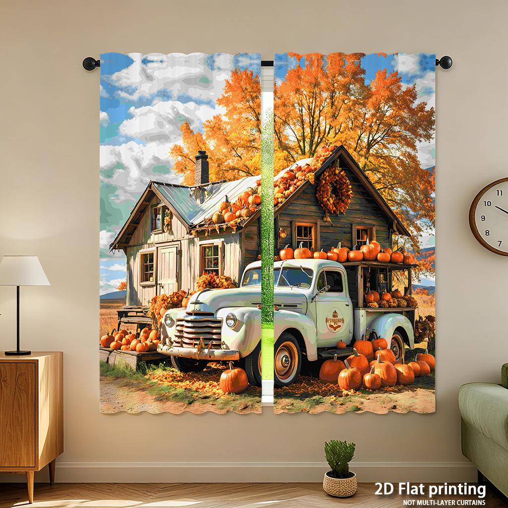 Piece Set High Definition Digital Printed Curtainsautumncolorcountrystylehousepumpkinoldtruckhome Decoration Style Curtain Polyester