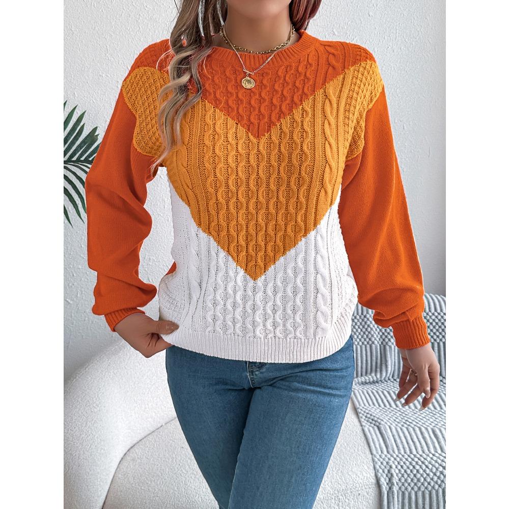 Autumn/Winter Casual Colour-Blocked Cable-Knit Bell-Sleeve Women's Pullover