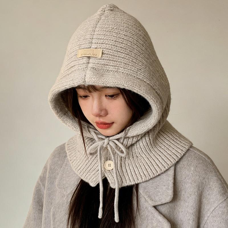 Knitted wool hat warm scarf hat integrated autumn and winter warm ear protection knitted hat One size fits all бежевый