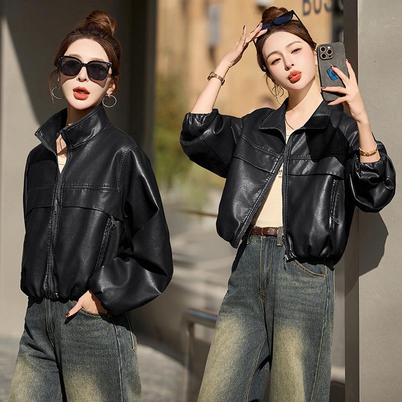 2025 New Women's Short PU Leather Jacket - Slimming Petite Stand Collar Spring/Autumn Coat