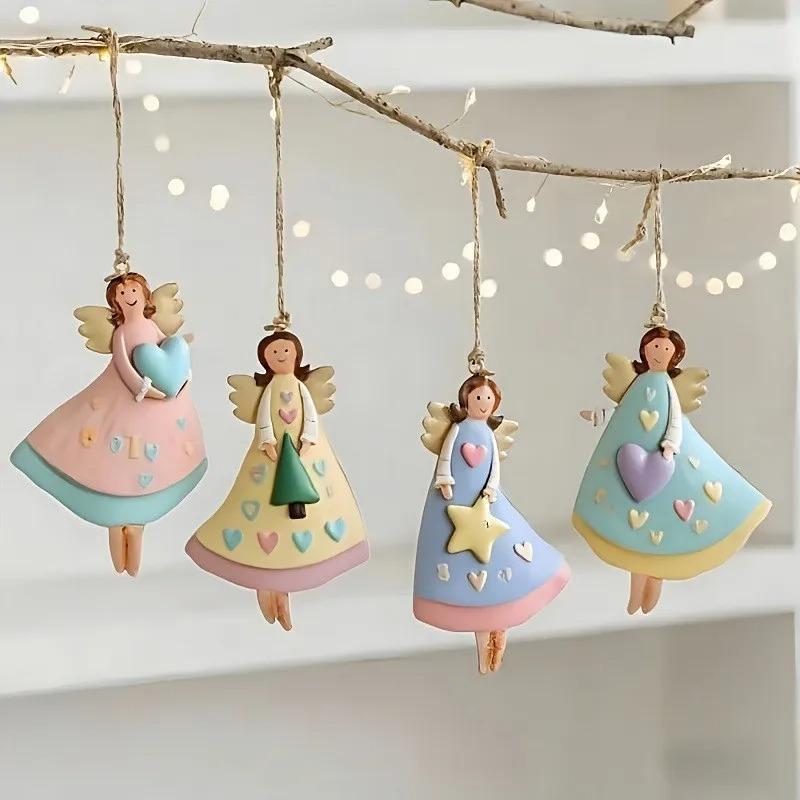 4PCS/Set Vintage Angel Hanging Decor Fantasy Wooden Xmas Tree Hanging Ornament 2026 New Year Gift 2025 Navidad Party Decoration