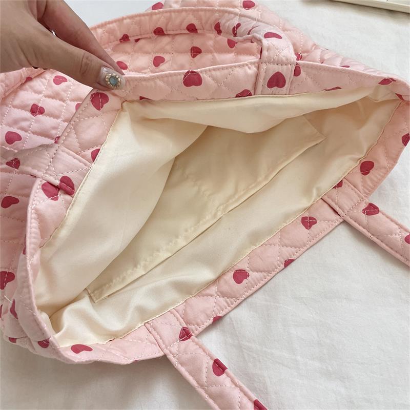 Cute Quilted Padded Heart Plaid Shoulder Bag Handbag Large Capacity Casual Commuting Tote Bag Storage Bag Girl Heart Clutch Gift