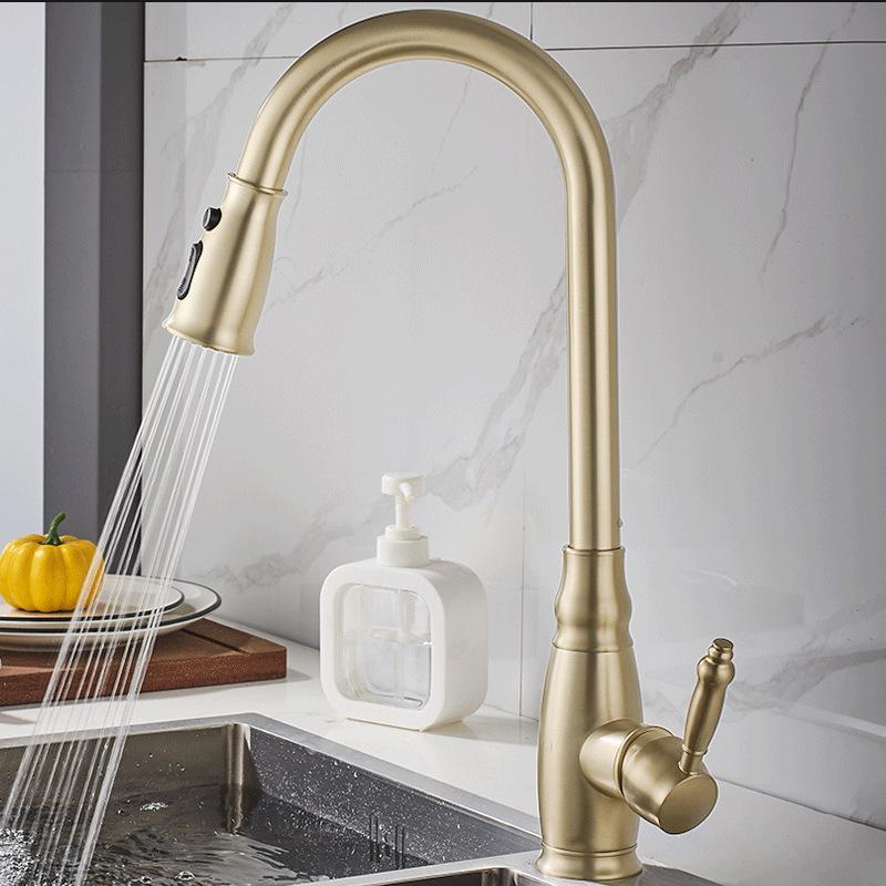 Elegant European-Style Brass Kitchen Faucet with Pull-Out Sprayer for Hot and Cold Water