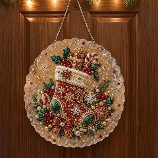 Decorative Christmas Tree Baubles Faux Pearl Art Kit, DIY Rhinestone Gem Painting Craft, Santa Festive Home Decor Items Stocking Elk Pattern