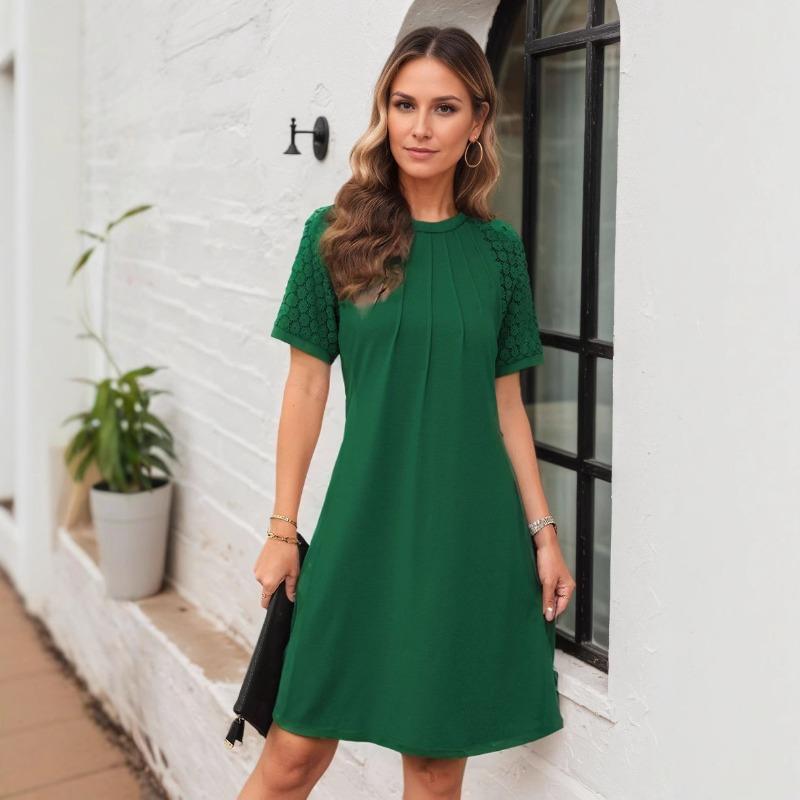 Spring and Summer Solid-color Hollow Lace Short-sleeved Round-neck Pleated Dress