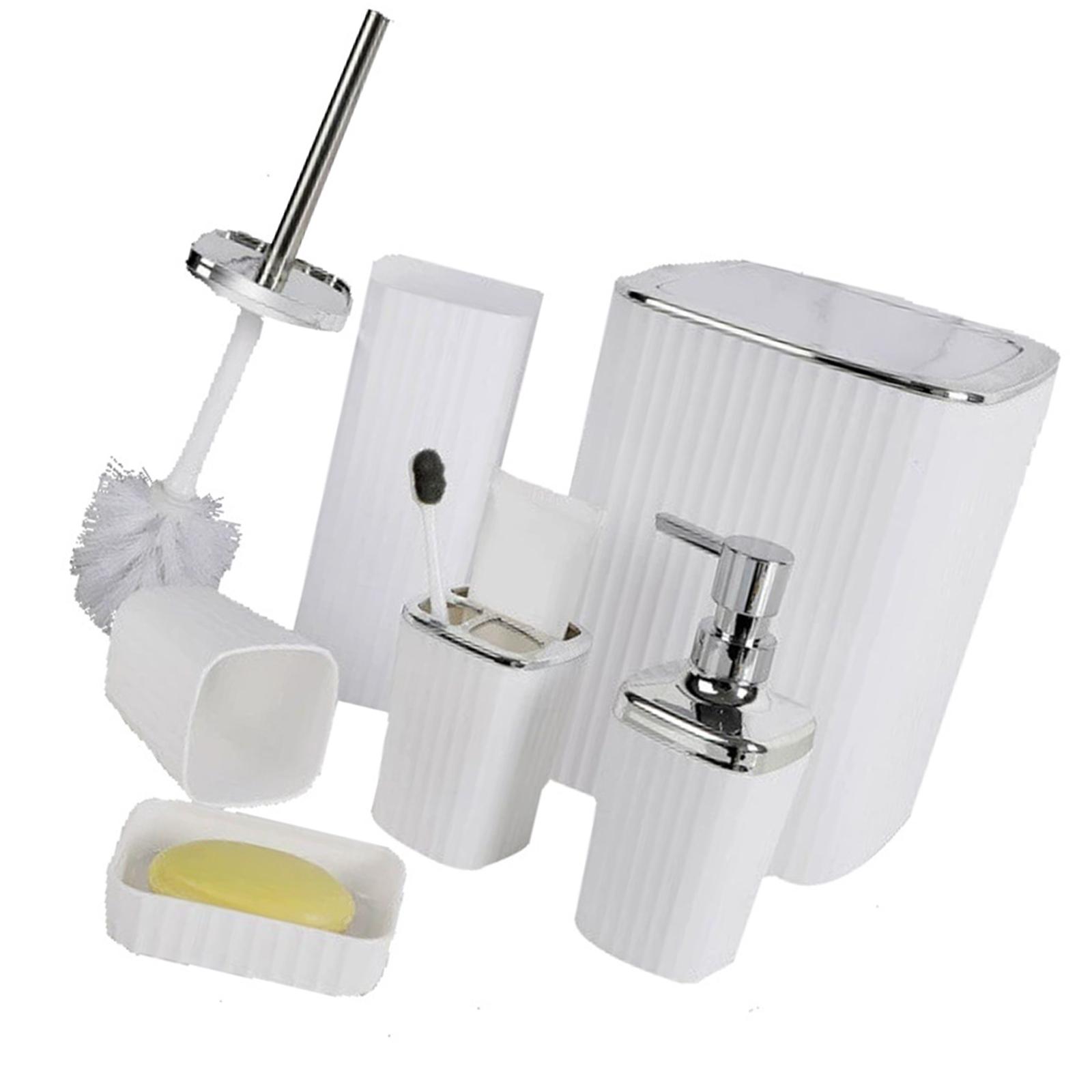 

Набор для хранения в современной ванной комнате из 6 предметов включает держатель для зубных щеток, дозатор для жидкого мыла с гидравлическим механизмом, мусорное ведро и набор стаканов белый