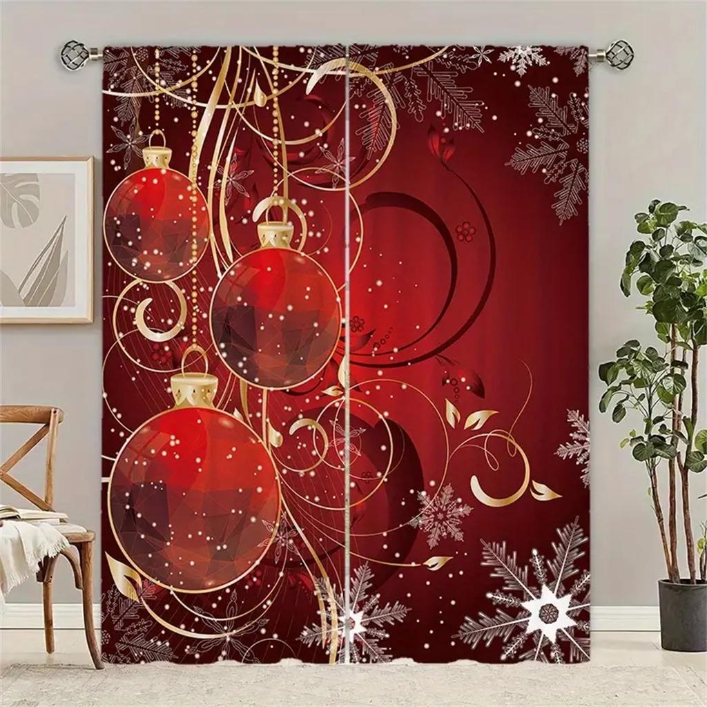 2pcs Christmas Tree Red Christmas Curtains Polyester, Rod Pocket Design for Living Room Bedroom Kitchen Decor -Machine Washable