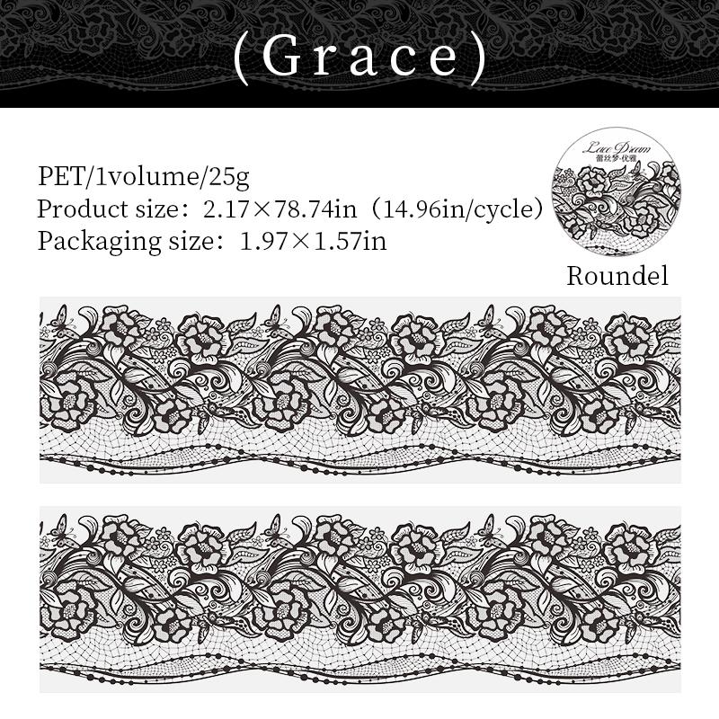 

55mm*2m Black White Lace PET Tapes DIY Scrapbooking Junk Journal Aesthetics Decor Diary Collage Masking Tape Stationery Supplies