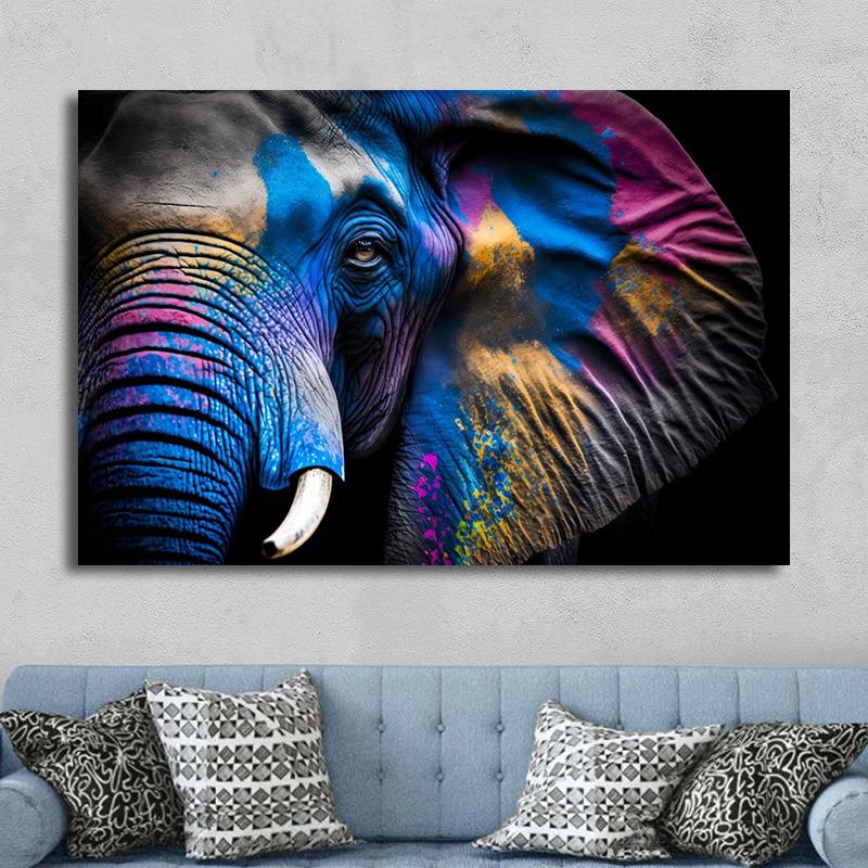 Ritratto Moderno Faccia di Elefante con Pittura su Tela con Pittura Colorata Poster di Elefanti Arte da Parete per Decorazione Soggiorno