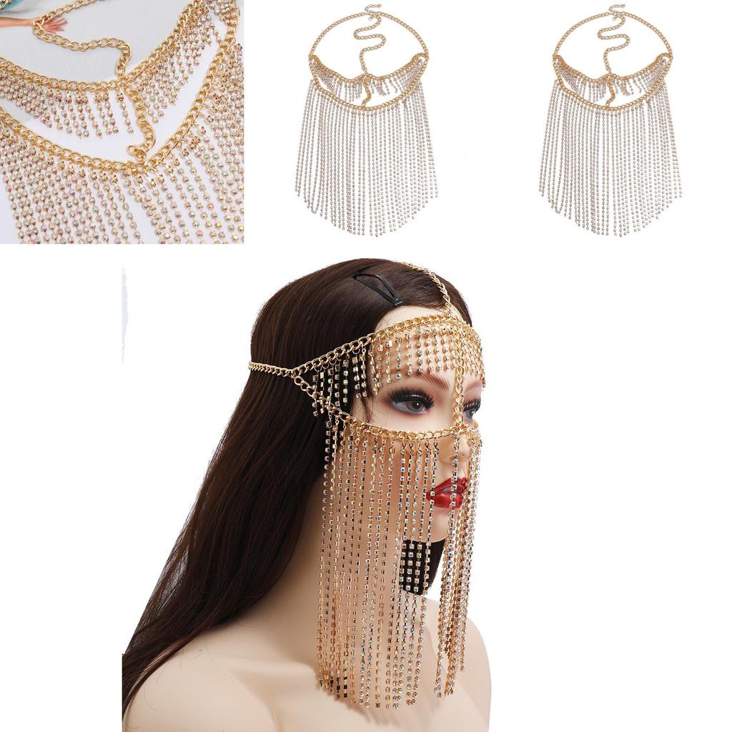 Fashion Rhinestone Decoration With Tassel Design Women Headwear Face Curtain For Nightclub Party And Performance