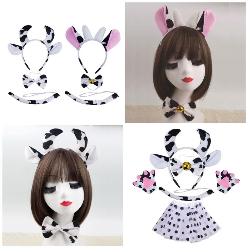 Kuh Kostüm Set Kuh Ohren Schwanz Fliege Tutu Rock Handschuhe Tier Kostüm Set Zubehör für Halloween Cosplays