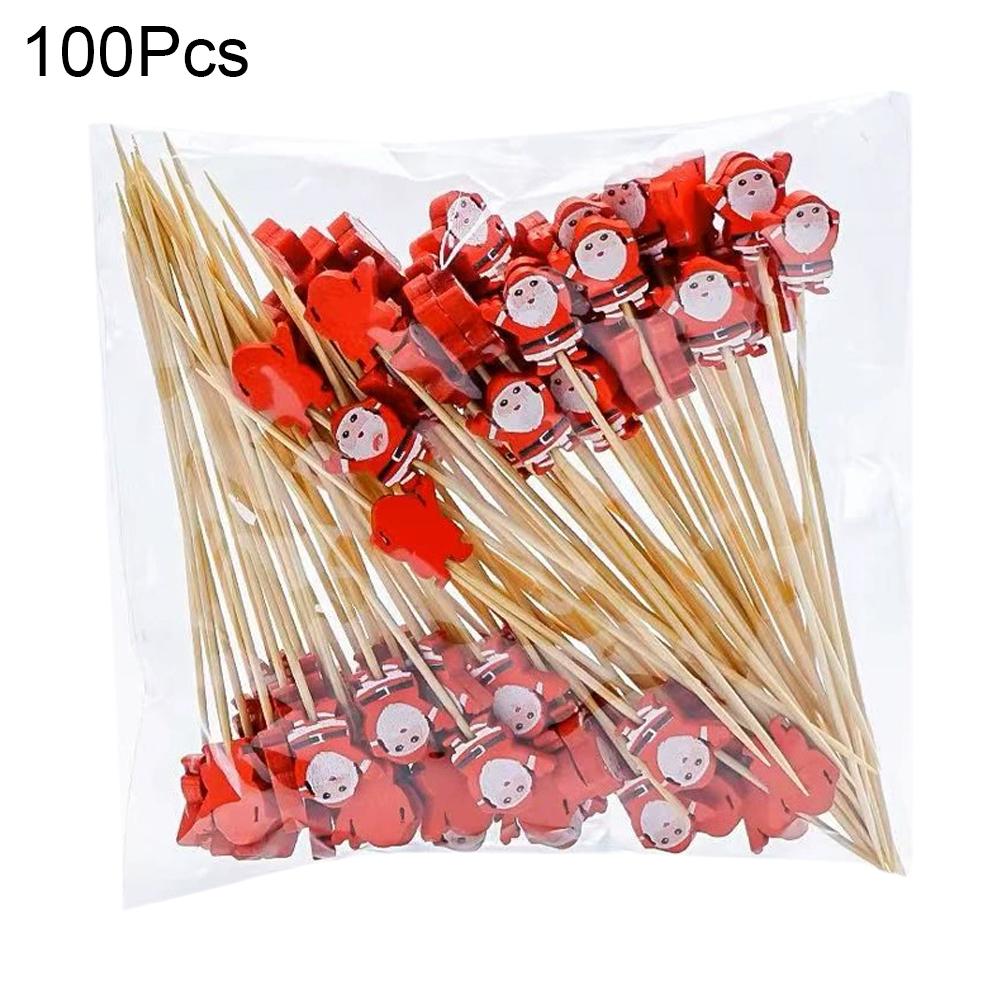 50/100 Stück Weihnachten Bambusspieße Einweg Fruchtspieße Schneeflocken Lebensmittel Dessert Zahnstocher Weihnachtsmann, Schneemann