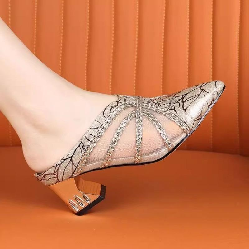 Fashion Special-shaped Heel Baotou Slippers Women's Fashion Pointed Toe Shallow Mouth Splicing Mesh Surface Non-slip Semi-drag
