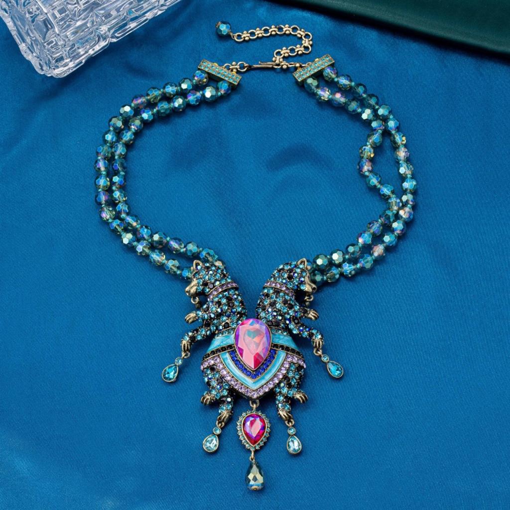 European and American Fashion Trend Vintage Heavy Industry Glass Bead Knotted Full of Diamonds Double Leopard Necklace
