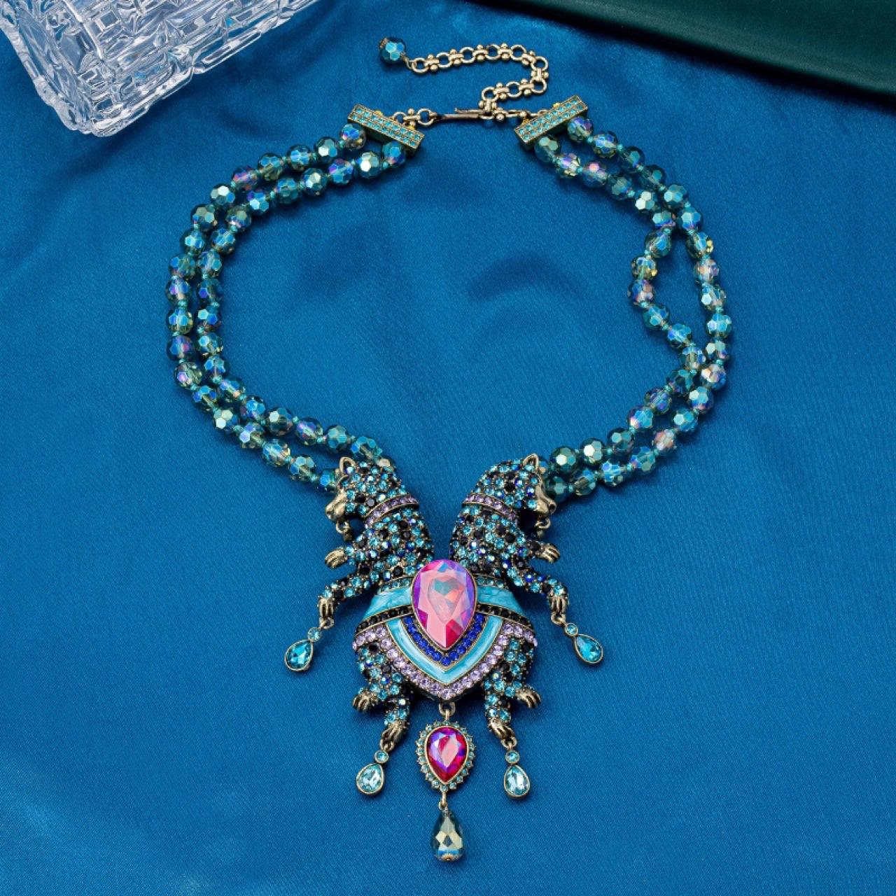 

Европейский и американский модный тренд винтаж тяжелая промышленность стеклянные бусины узловая полный бриллиантов двойной леопардовый ожерелье