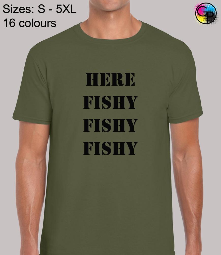 

Here Fishy Cool Fishing Regular Fit T-Shirt Top TShirt Tee Gift Idea for Men 2XL
