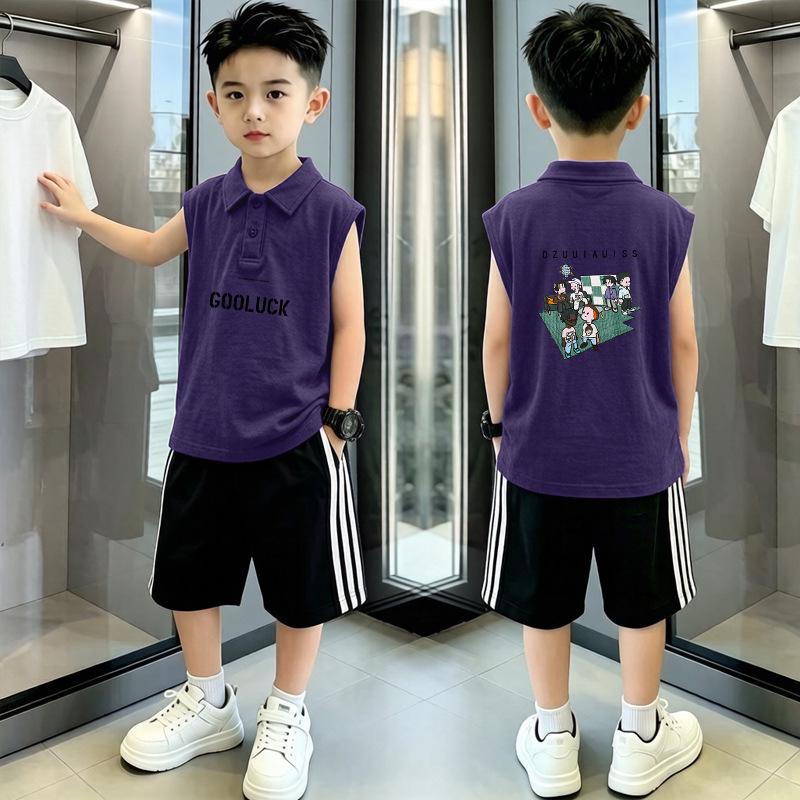 Boys' Trendy Cotton Polo Shirt and Vest Set - Sleeveless Lapel T-shirt, Summer Two-Piece In Medium & Large Sizes