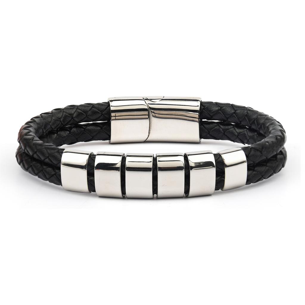 Men's Leather Bracelet Magnetic Tail Buckle Stainless Steel Positioning Ring Engraved Father's Day Gift Double Leather Bracelet