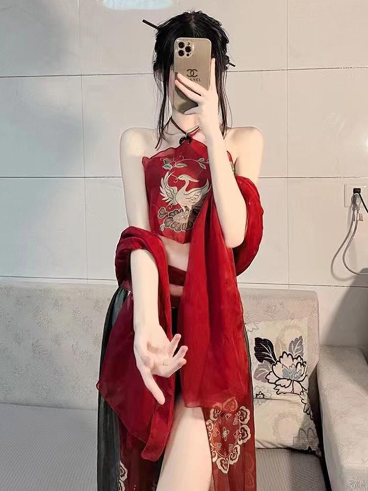 Сексуальная пижама ханьфу сексуальное нижнее белье подтяжки с карманом на животе антикварная униформа комплект чистое искушение обнажение женская одежда One Size