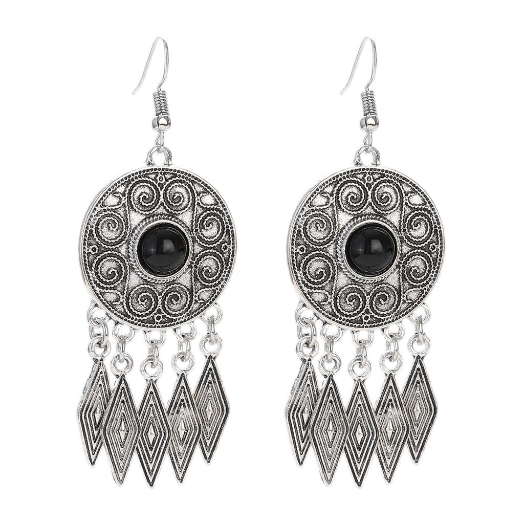 Vintage Ethnic Natural Stone Indian Earrings Jhumka Female Antique Silver Plated Geometric Carved Earrings Party Tassel Jewelry