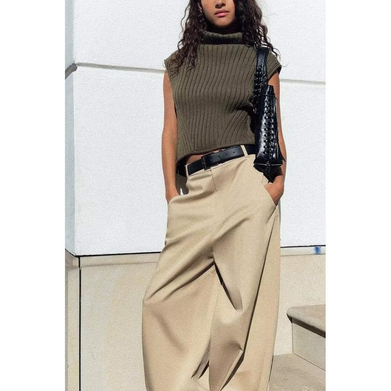 Zbzr Autumn New Women Clothes Western Style Fashion Solid Slim Fit Turtleneck Sleeveless Knit Vest 6771118