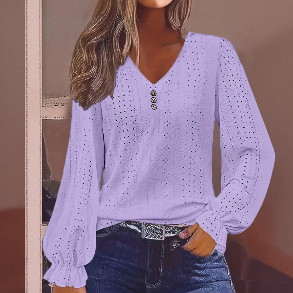 Women's V-neck T-shirt With Spring  Hollow Out Casual Pleated Sleeve Top