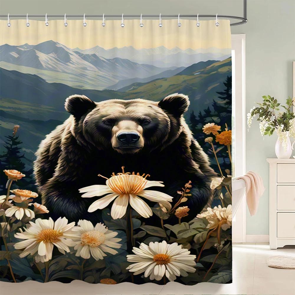 1 pcs Bear, panda, cat, animal printed shower curtain bathroom partition bathroom curtain with hooks home decorative curtain